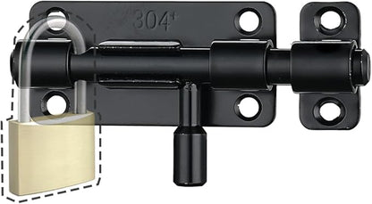 JQK Door Security Slide Latch Lock Barrel Bolt, 304 Stainless Steel Sliding Gate Latches Thickened 1.4mm with Padlock Hole, Black, 4 Pack HBB120-BK-P4
