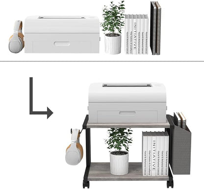 VEDECASA 2 Tier Vintage Greige Wooden Under Desk Printer Stand with Storage Bag for Home Office Desktop Printer Table Organizer Mobile Printer Shelf Cart with Caster Wheel
