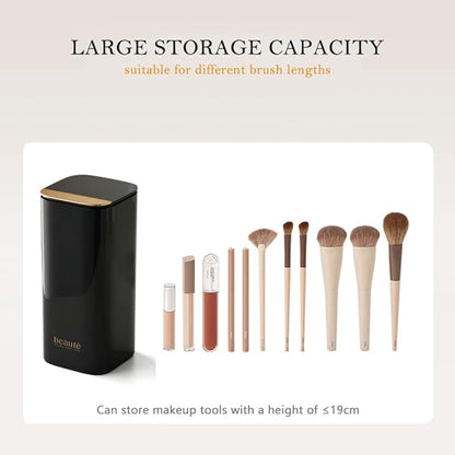 Push Pop-Up Makeup Brush Holder with Lid,4 Slots Makeup Brush Organizer, Makeup Cosmetics Organizer for Vanity Decor, Bathroom Countertop, Large Dustproof Cosmetic Brushes Container, Black