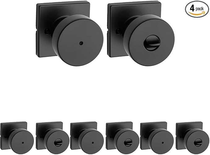 Kwikset Pismo Interior Privacy Door Knob with Lock, Door Handle for Bathroom and Bedroom, Matte Black Keyless Turn Lock Doorknob, with Microban Protection (Pack of 4)