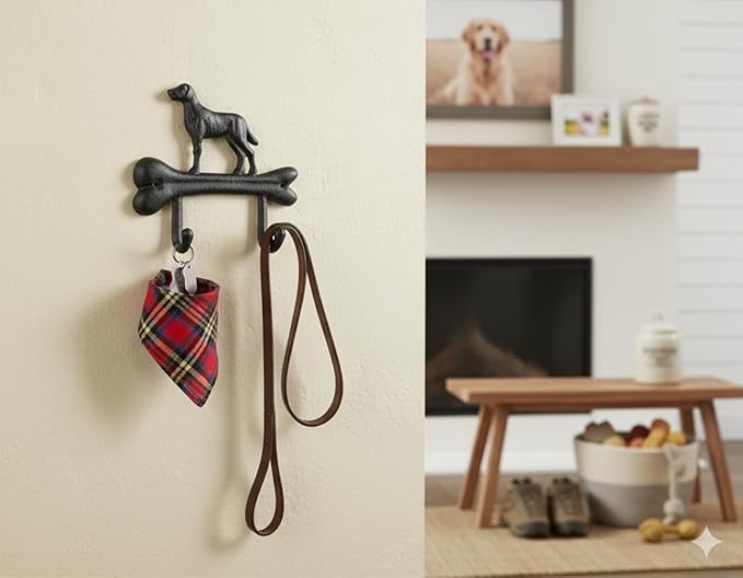 Comfy Hour 7" Heavy Duty Cast Iron Dog Wall Hook, Decorative Dog on Bone Double Key Holder for Wall, Rustic Animal Coat Hanger for Entryway, Mudroom & Nursery, Dog Lovers Gift, Antique Black