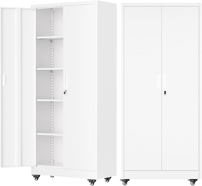 Bonusall 72" Metal Garage Storage Cabinet with Wheels, 2-Door Steel Locking Cabinet with 4 Adjustable Shelves, Heavy Duty Rolling Utility Cabinets for Warehouse, School - White