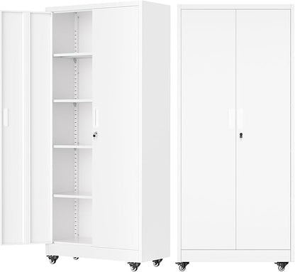 Bonusall 72" Metal Garage Storage Cabinet with Wheels, 2-Door Steel Locking Cabinet with 4 Adjustable Shelves, Heavy Duty Rolling Utility Cabinets for Warehouse, School - White