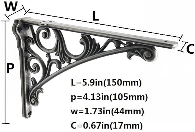 Decorative Shelf Bracket 6 inch, Rustic Antique Silver Brackets for Shelving, Heavy Duty Vintage, DIY Projects, Hardware Included, 4 Pack,5.9x4.17x1.73 inch,Baroque Style