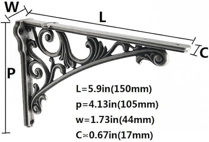 Decorative Shelf Bracket 6 inch, Rustic Antique Silver Brackets for Shelving, Heavy Duty Vintage, DIY Projects, Hardware Included, 4 Pack,5.9x4.17x1.73 inch,Baroque Style