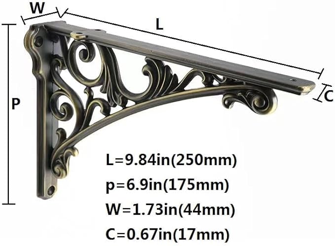 Decorative Shelf Bracket 10 inch, Brushed Antique Brass Brackets for Shelving, Heavy Duty Vintage, DIY Projects, Hardware Included, 4 Pack, 9.84x7x1.73 inch，Baroque Style