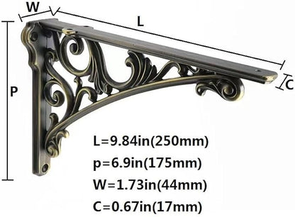 Decorative Shelf Bracket 10 inch, Brushed Antique Brass Brackets for Shelving, Heavy Duty Vintage, DIY Projects, Hardware Included, 4 Pack, 9.84x7x1.73 inch，Baroque Style