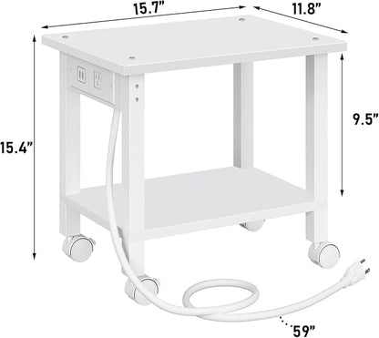 TUTOTAK 2 Tier Printer Stand, Rolling Printer Cart with Power Outlets and USB Ports, Mobile Printer Table with Wheels, for Under Desk, Office, Home, White PS01BW001