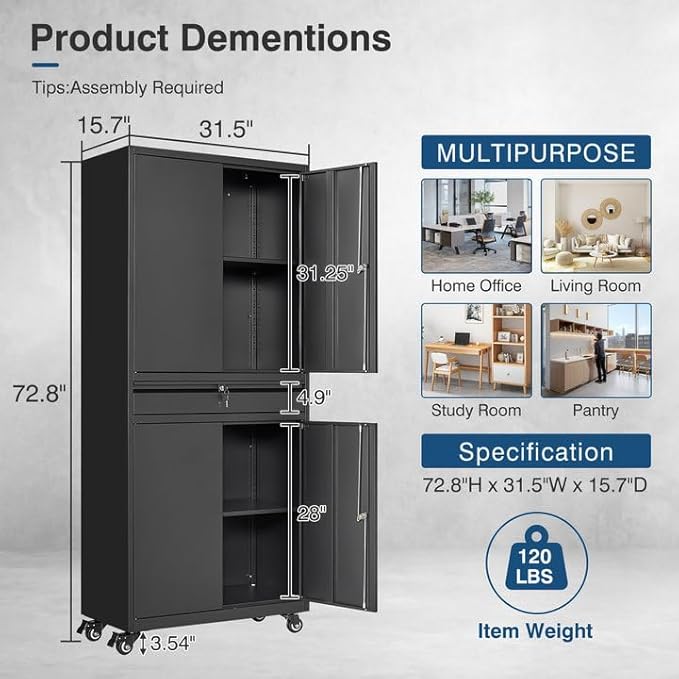 Black Metal Storage Cabinet with Wheels, 73" Tall Garage Rolling Storage Cabinets with Doors and Shelves, Lockable Tool Caninet Steel Locking Cabnets for Home Office, Garage, Pantry