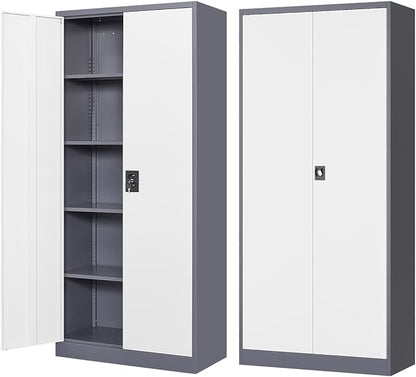 Metal Storage Cabinet-72” Tall Steel File Cabinets with Lockable Doors and Adjustable Shelves-White&Gray Steel Storage Cabinet for Home Kitchen, Office, Garage