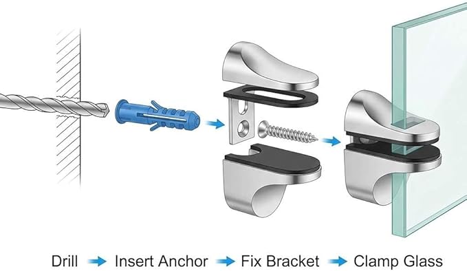 QWORK Adjustable Glass Shelf Bracket 16 Pack – Metal Wall Mount Clamp with Rubber Pads for Bathroom, Kitchen & Living Room