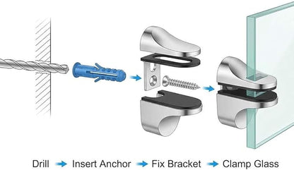 QWORK Adjustable Glass Shelf Bracket 16 Pack – Metal Wall Mount Clamp with Rubber Pads for Bathroom, Kitchen & Living Room