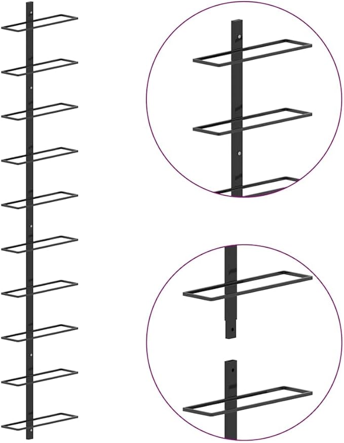 vidaXL Wall-Mounted Black Metal Wine Rack, Modern Stylish Design, Durable and Easy-to-Install, Holds Up to 10 Bottles - Ideal for Wine Lovers