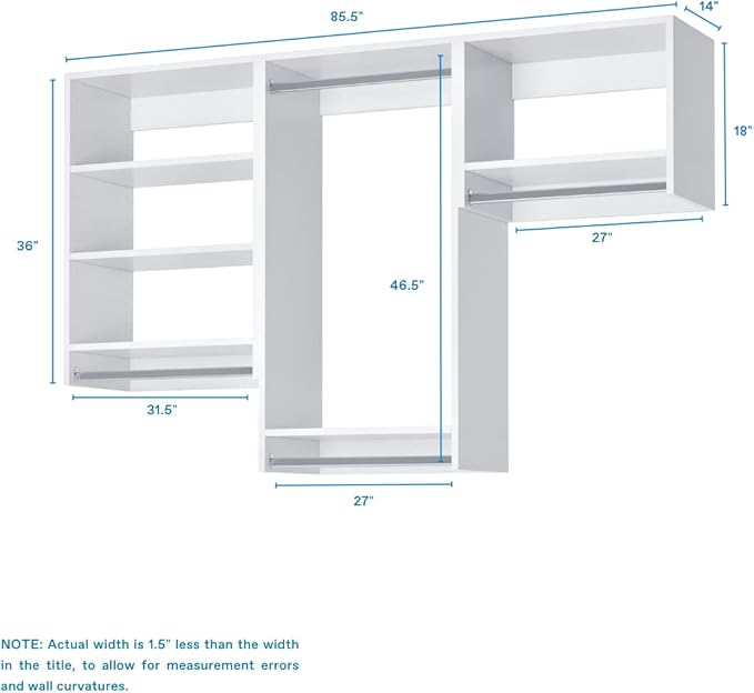 Closet Kit with Hanging Rods - Corner Closet System - Closet Shelves - Closet Organizers and Storage Shelves (White, 87 inches Wide) Closet Shelving