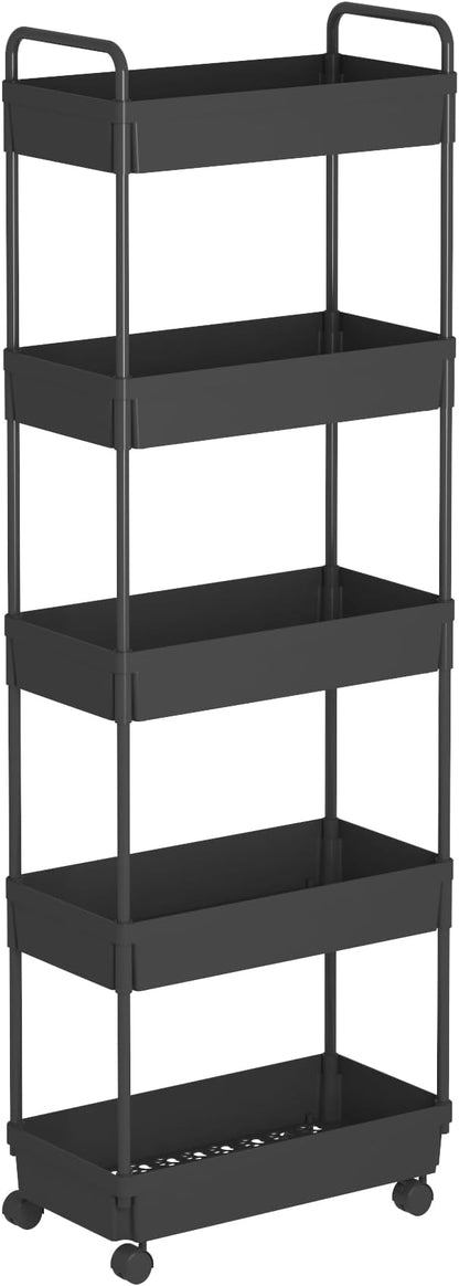 Buzowruil Rolling Storage Cart 5 Tier Organizer Mobile Shelving Unit Storage Rolling Utility Cart with Wheels for Kitchen Bathroom Laundry,Black