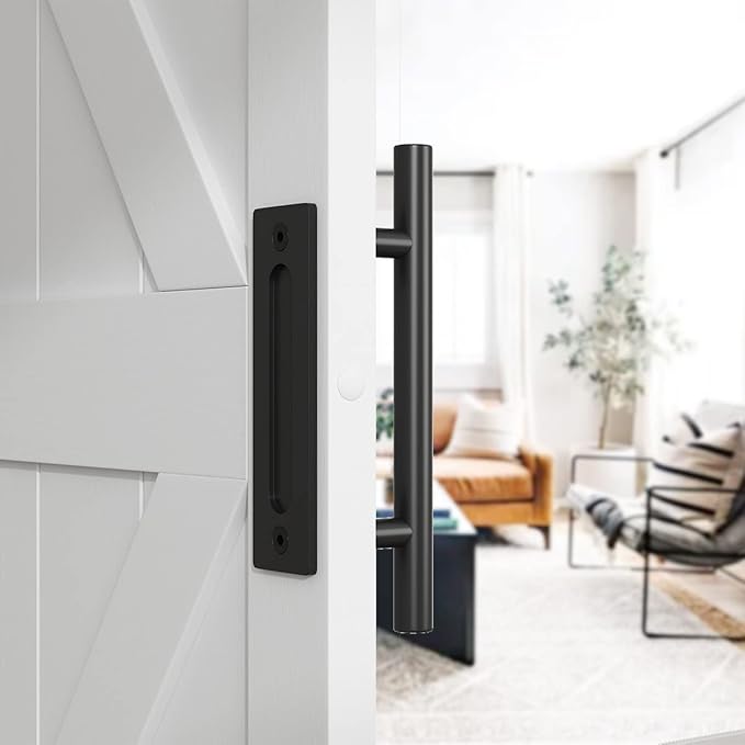 SMARTSTANDARD 2PCS Sliding Barn Door Handle, 12 Inch Heavy Duty Pull and Flush Hardware Set, Black, Large Rustic Two-Side Design, Round