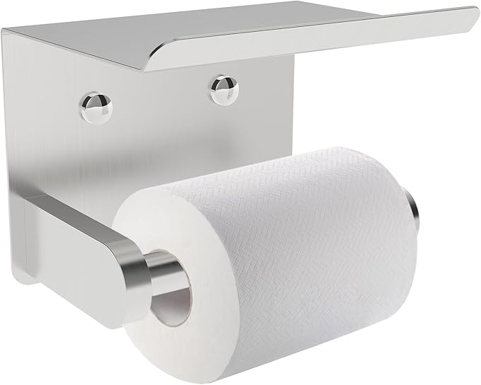 SetSail Toilet Paper Holder with Shelf Adhesive or Screw-in Bathroom Toilet Paper Roll Holders Wall Mount Heavy-Duty Brushed Nickel Tissue Holder for Bathroom Hardware Accessories