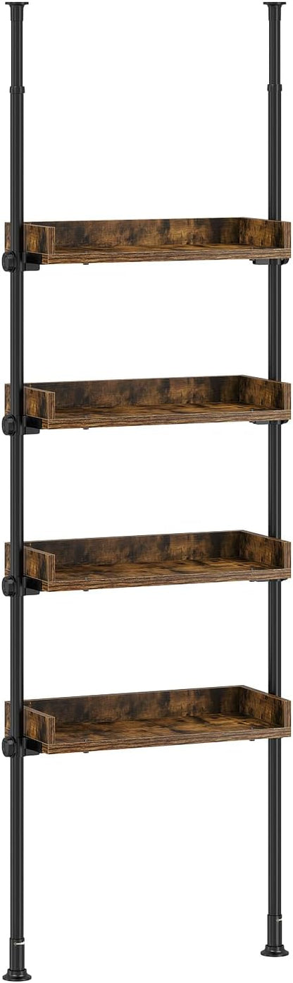 ALLZONE Bathroom Organizer, Over The Toilet Storage, 4-Tier Adjustable Wood Shelves for Small Rooms, Saver Space Rack, 92 to 116 Inch Tall, Narrow Cabinet, Rustic Brown