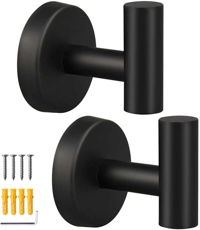 2 Pack Matte Black Towel Hooks, SUS304 Stainless Steel Bathroom Hooks for Bedroom Kitchen Hotel Office