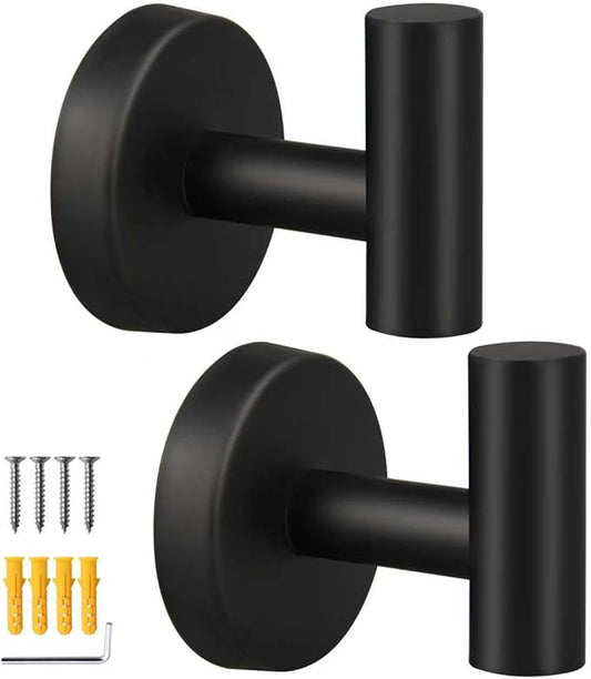 2 Pack Matte Black Towel Hooks, SUS304 Stainless Steel Bathroom Hooks for Bedroom Kitchen Hotel Office