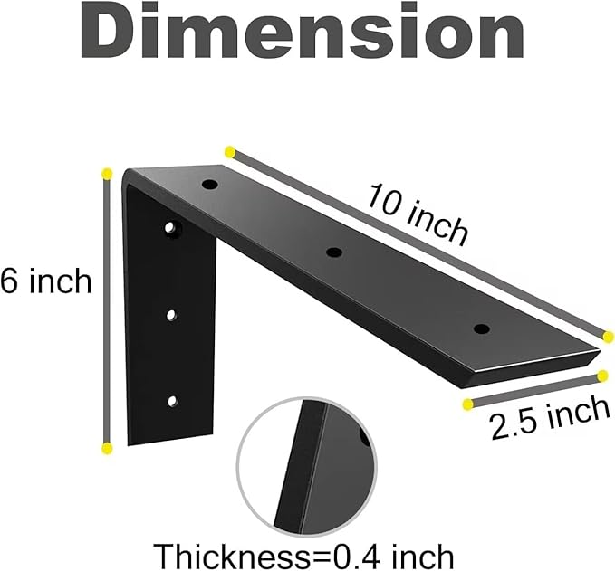 WINKER Countertop Support Bracket 3 Pack Heavy Duty 3/8" Thick Hidden L Shelf Bracket 10" x 6" x 2.5" Metal Corbels for Quartz/Granite/Wood/Concrete/Laminate Countertops, Black