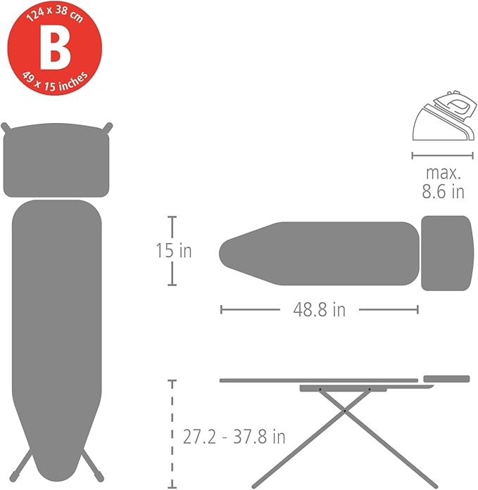 Brabantia Size B Ironing Board (49x15 in) 7 Height Options, Solid Steam Unit Rest Holder (Calm Rustle) Non-Slip Feet, Anti-Collapse Child Locks
