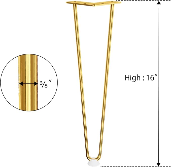 SMARTSTANDARD 16 Inch Hairpin Furniture Legs, 3/8'' Rods Metal Home DIY Projects for Nightstand, Coffee Table, Desk with Rubber Floor Protectors, Gold Set of 4PCS