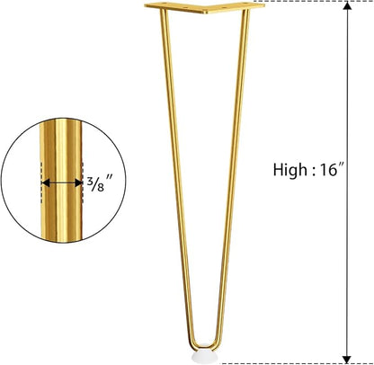 SMARTSTANDARD 16 Inch Hairpin Furniture Legs, 3/8'' Rods Metal Home DIY Projects for Nightstand, Coffee Table, Desk with Rubber Floor Protectors, Gold Set of 4PCS