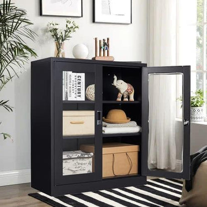 SISESOL Black Metal Storage Cabinet with Doors and Shelves,36 inch Locking Display Cabinet with Acrylic Doors,Office Cabinets with Lock,Sideboard Cabinets for Home Office,Living/Dining/Utility Room,