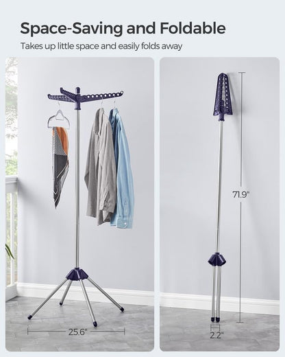 SONGMICS Clothes Drying Rack, 59-Inch Folding Laundry Drying Rack with 3 Rotatable Arms for Hangers, 4 Legs, Stainless Steel, for 27 Pieces of Clothes, Blue and Silver ULLR510Q01