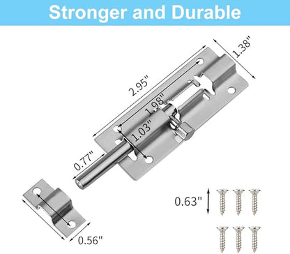 8 Pack Barrel Bolt Latch, Slide Bolt Latch 3 Inches Slide Latch Lock, Thickened Stainless Steel Sliding Lock for Door, Brushed Finish Sliding Bolt Lock, Sliding Bolt Latch with 48PCS Screws