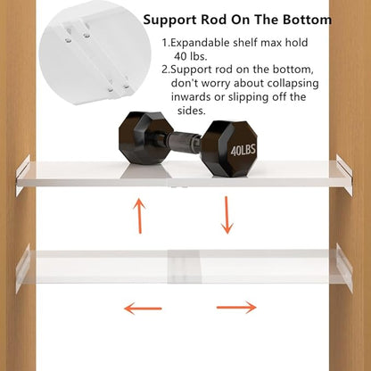 Slideep Expandable Closet Tension Shelf, Metal Adjustable Wardrobe Shelves Organizer System with Strong Seamless Sticker for Kitchen, Wardrobe, Cupboard 2 Pack (L:16.9'' to 31.5"; W:11.8")