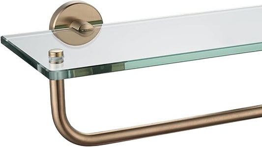 JQK Bathroom Glass Shelf, Shelf with 15 Inch Towel Bar Tempered Glass Shower Storage 16 by 5 inches, 304 Stainless Steel Champagne Bronze Wall Mount, TGS100L16-CB