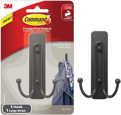 Command Large Wall Hooks, Damage Free Hanging Wall Hooks with Adhesive Strips, No Tools Double Wall Hooks for Hanging Decorations in Living Spaces, 1 Black Colored Hook and 1 Strip
