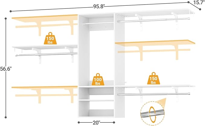 Cyclysio 96 Inch Closet System, 8 FT Hanging Closet Organizer System, Walk in Closet System with 4 Adjustable Rods and 3 Shelving Towers for 4-8FT Spaces(Cut-to-Fit), White