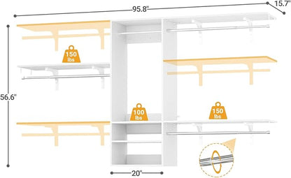 Cyclysio 96 Inch Closet System, 8 FT Hanging Closet Organizer System, Walk in Closet System with 4 Adjustable Rods and 3 Shelving Towers for 4-8FT Spaces(Cut-to-Fit), White