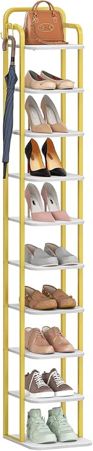 10 Tiers Vertical Shoe Rack, Narrow Shoe Tower, Tall Shoes Shelf with 2 Hooks, Adjustable Shelves, Corner Shoes Shelves for Small Spaces, Entryway, Living Room, White Gold SR11213A