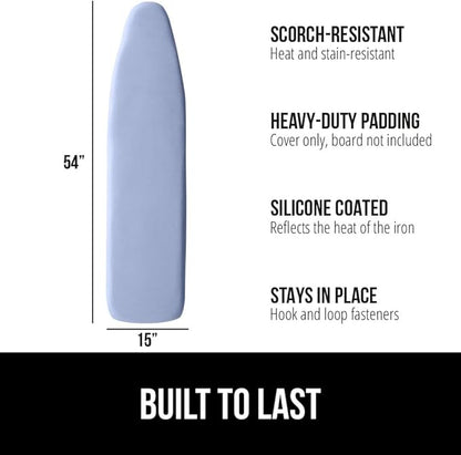 GORILLA GRIP The Original Ironing Board Cover and Pad, Silicone Coating, Thick Scorch Resistant Padding, Heavy Duty Iron Covers Standard Boards, Hook and Loop Fastener Strap, Blue, 15x54