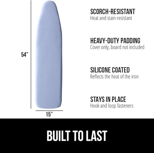GORILLA GRIP The Original Ironing Board Cover and Pad, Silicone Coating, Thick Scorch Resistant Padding, Heavy Duty Iron Covers Standard Boards, Hook and Loop Fastener Strap, Blue, 15x54