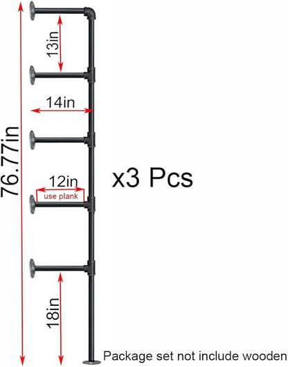 (77"Tall,14"Deep,3pcs) Industrial Retro Wall Mount Iron Pipe Shelf,DIY Open Bookshelf,Hung Bracket,Home Improvement Kitchen Shelves,Tool Utility Shelves, Office Shelves, pipe shelving
