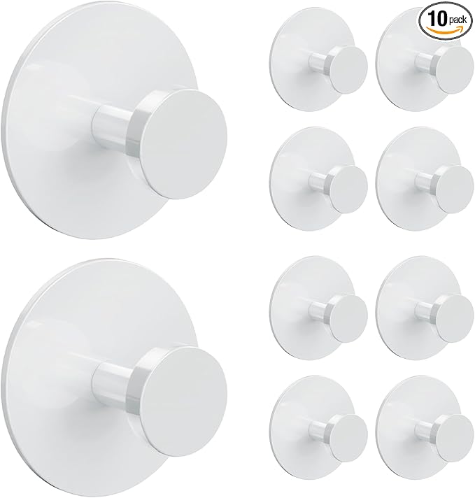 10 Pack White Adhesive Wall Hook for Coat and Towel: Extra Sticky 12 LB (Max), Stainless Coat Rack Door Holder Hanger, Heavy Duty