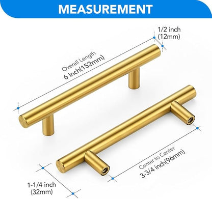 Brushed Brass Cabinet Handles 3-3/4 Inch Hole Spacing Stainless Steel Drawer Pulls for Cabinets, Dresser, Bathroom 30 Pack
