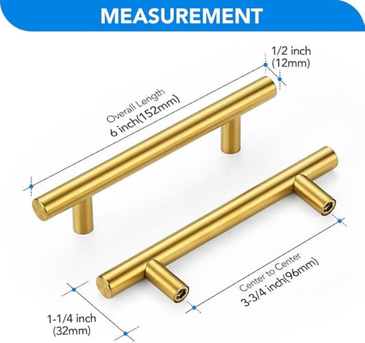 Brushed Brass Cabinet Handles 3-3/4 Inch Hole Spacing Stainless Steel Drawer Pulls for Cabinets, Dresser, Bathroom 45 Pack