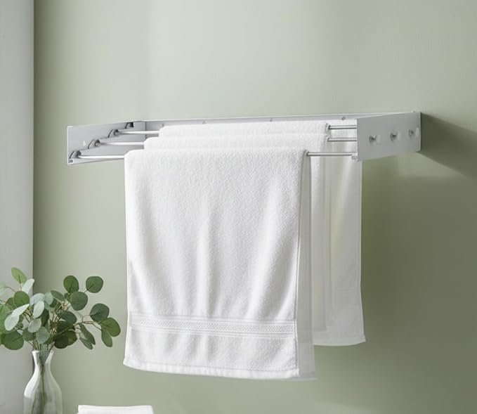 Wall Mounted Clothes Drying Rack, 32" Space Saving Foldable Laundry Drying Rack with Wall Template for Bathroom, Apartment, College Dorm (White 5 Rods and 6 Hooks)