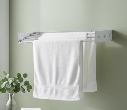 Wall Mounted Clothes Drying Rack, 32" Space Saving Foldable Laundry Drying Rack with Wall Template for Bathroom, Apartment, College Dorm (White 5 Rods and 6 Hooks)
