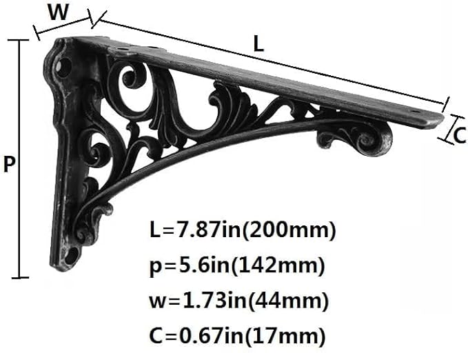 Decorative Shelf Bracket 8 inch, Rustic Black Iron Brackets for Shelving, Heavy Duty Vintage, DIY Projects, Hardware Included, 4 Pack, 7.87x5.6x1.73 inch,Baroque Style