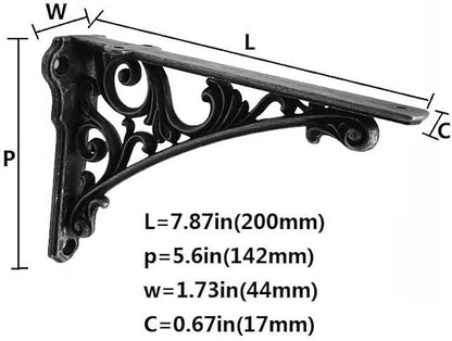 Decorative Shelf Bracket 8 inch, Rustic Black Iron Brackets for Shelving, Heavy Duty Vintage, DIY Projects, Hardware Included, 4 Pack, 7.87x5.6x1.73 inch,Baroque Style