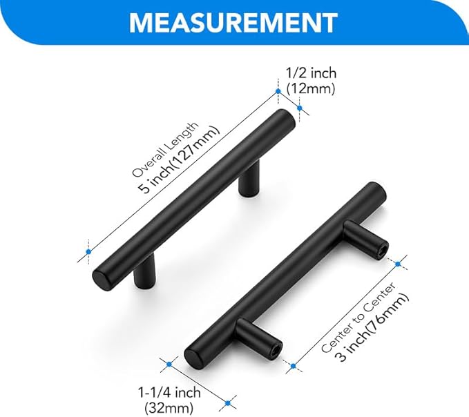 Black Cabinet Handles 3 Inch Hole Spacing Stainless Steel Drawer Pulls for Cabinets, Dresser, Bathroom 45 Pack