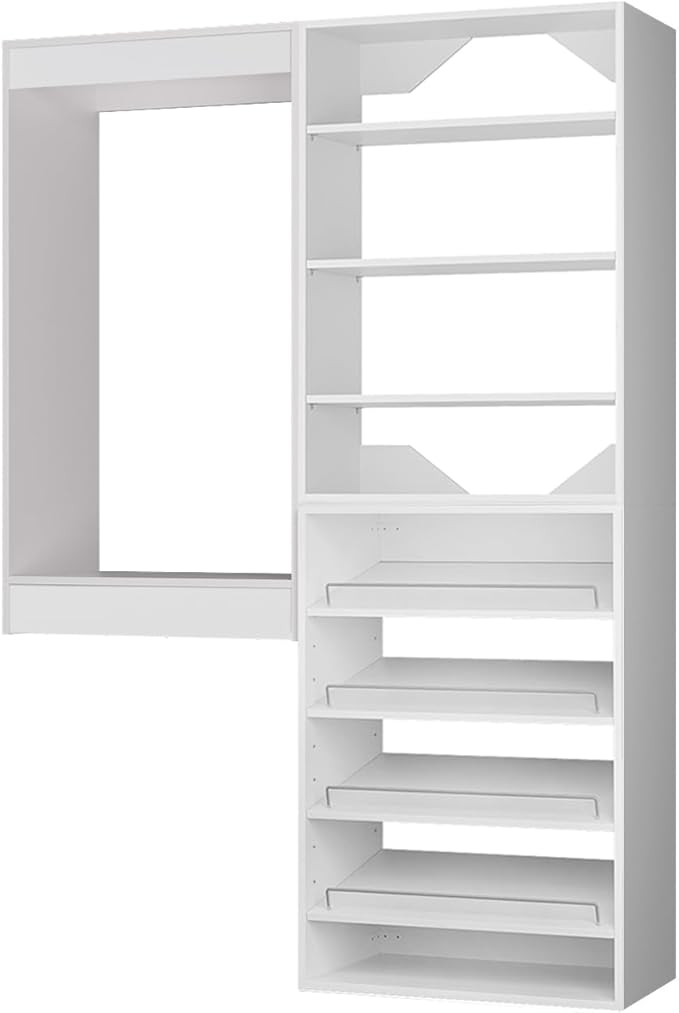 ROOMTEC Modular Closet System, 67" Wall Mounted Closet Organizer with Hanging Rods and Shoe Shelf, Wooden Tower for Walk-In Closets, Wardrobe Storage Kit, White