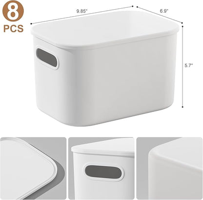 8 Pack White Storage Bins with Lids Stackable Storage Container for Organizing, Storage Boxes with Handle for Shelves, Cute Storage Bin for Craft, Snacks, 9.85x6.9x5.7 inch